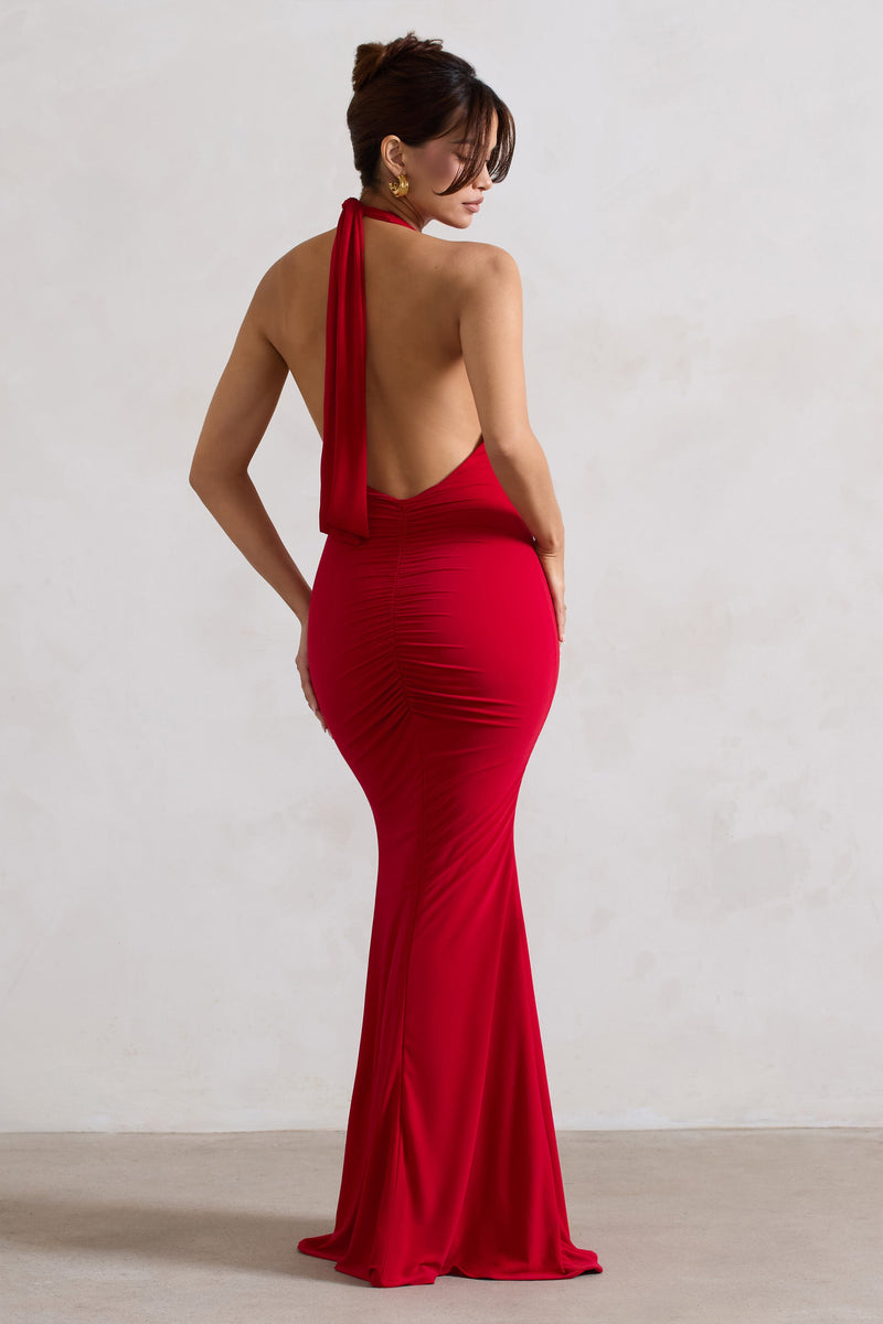 Midi Dress Long Red Backless Dress Glamour Red Backless V Plunge