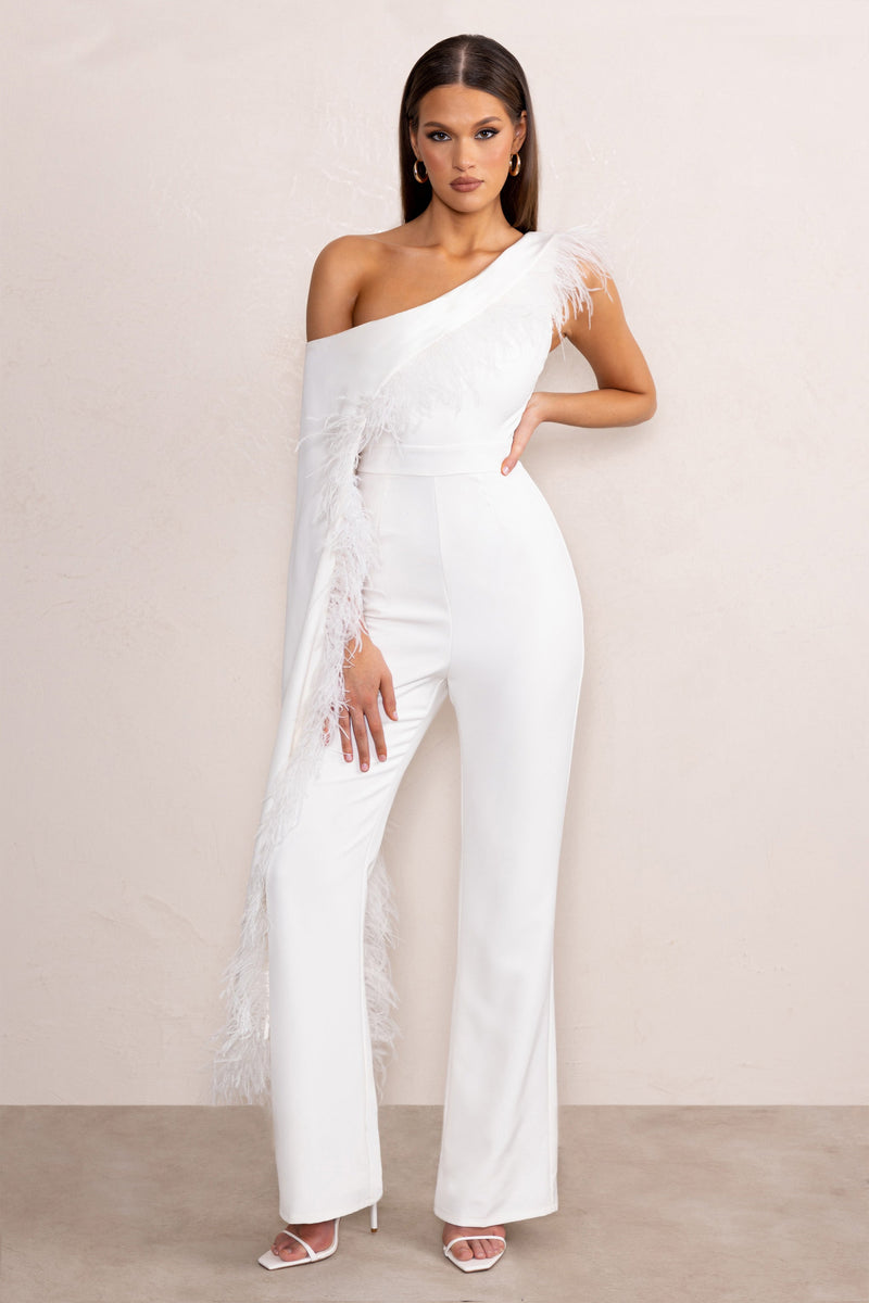 Cindy | White One-Shoulder Cape Jumpsuit with Feather Trim