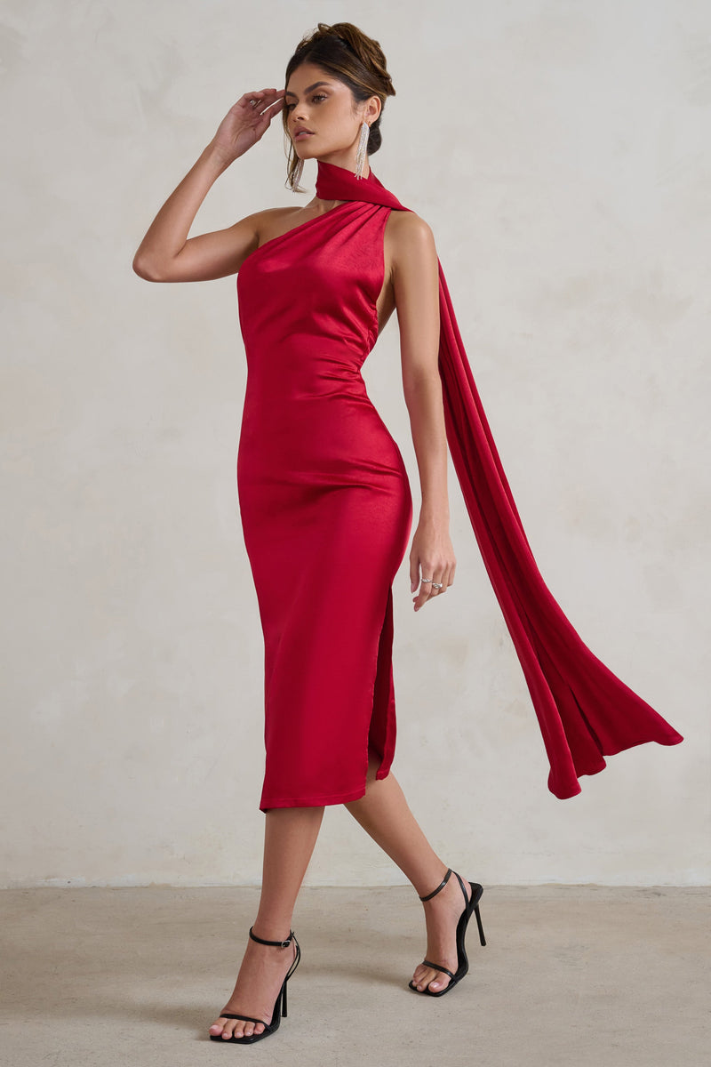 Madame Berry Red Satin Asymmetric Scarf Neck Backless Midi Dress