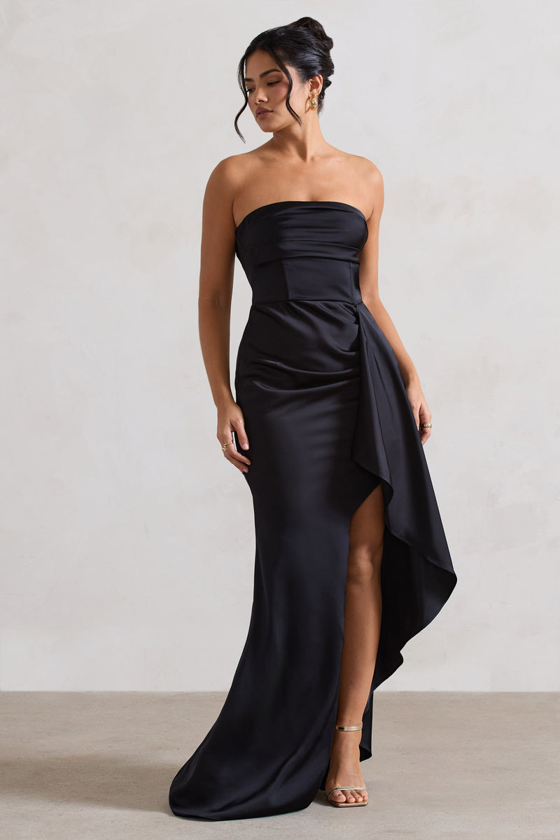 D*A様 vintage black maxi soutien collar c Ace Black Satin Bandeau Split Maxi Dress With Ruffle Drape