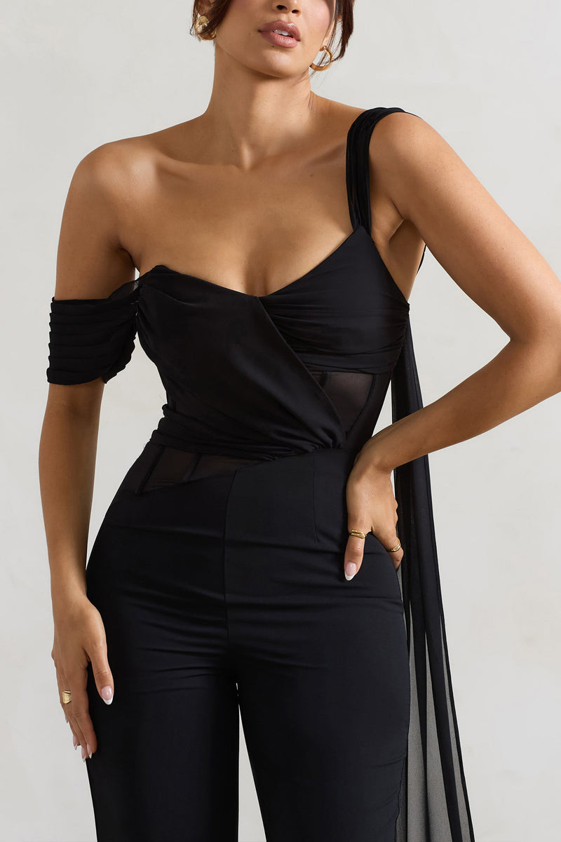 冬ギフト  Black Fatale Draped-Sleeve Sash With Jumpsuit Corseted その他