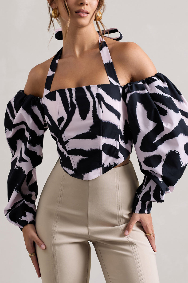 Theatric Zebra Print Halter-Neck Corset Top With Puff
