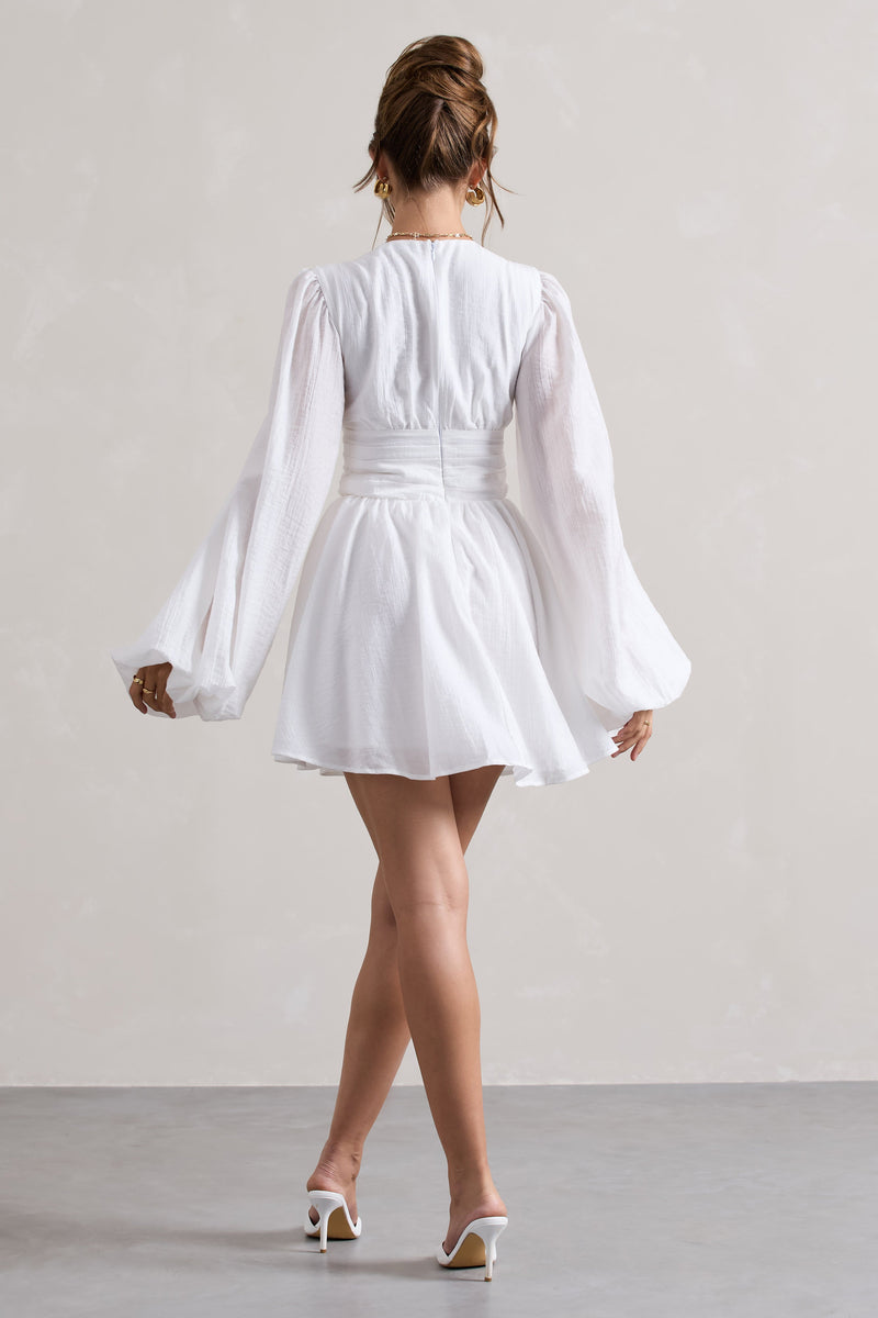 Avalon White Plunge-Neck Balloon-Sleeve Mini Dress – Club L London 