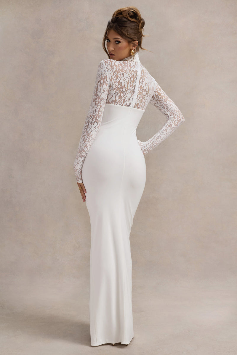 Arden | White High-Neck Split Maxi Dress With Lace Sleeves - UK 12 White Arden | White High-Neck Split Maxi Dress With Lace Sleeves - UK 12 White