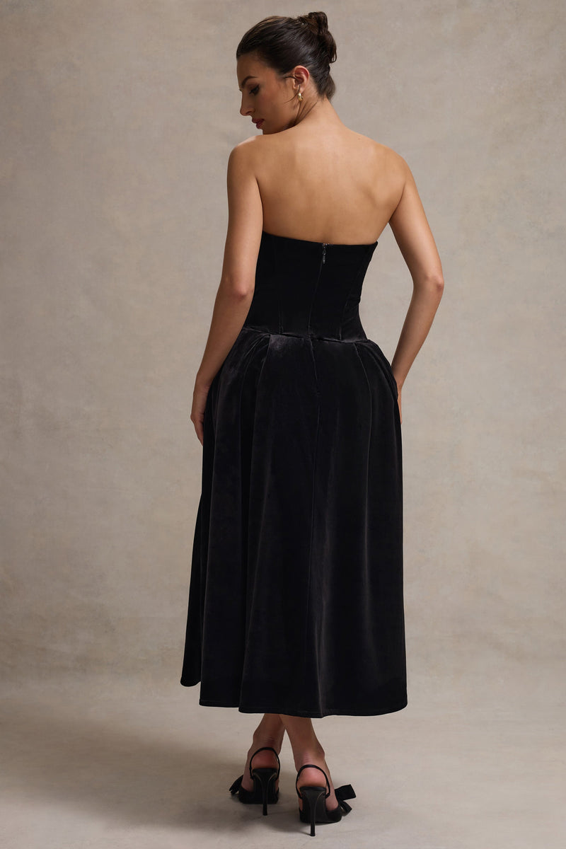black velvet strapless midi dress Hepburn | Black Velvet Bandeau Midi Dress With Bow