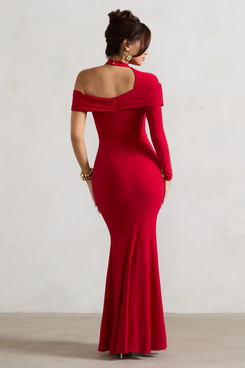 Tyla Red Asymmetric High-Neck Split Maxi Dress – Club L London