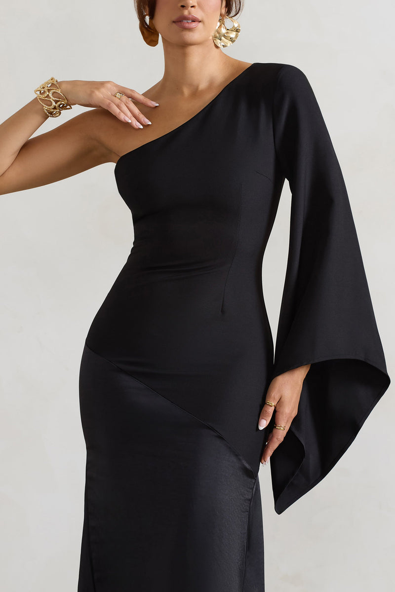 Salem Black Asymmetric Cape-Sleeve Maxi Dress With Satin