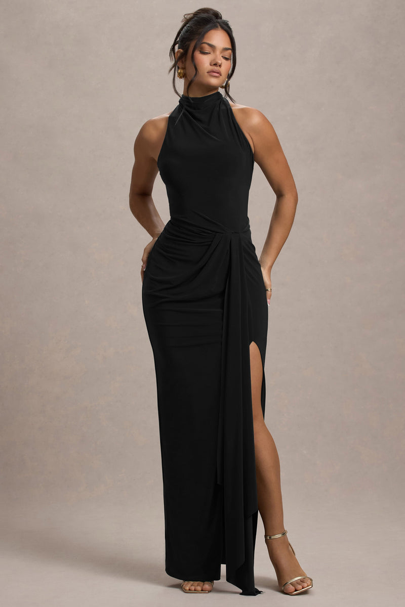 Khari Black High-Neck Twisted Maxi Dress With Drape – Club L London