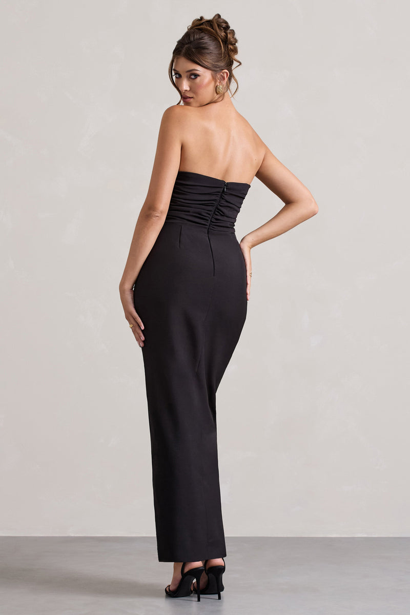 Chosen Black Bandeau Wrap Maxi Dress With Feather Trim – Club L London