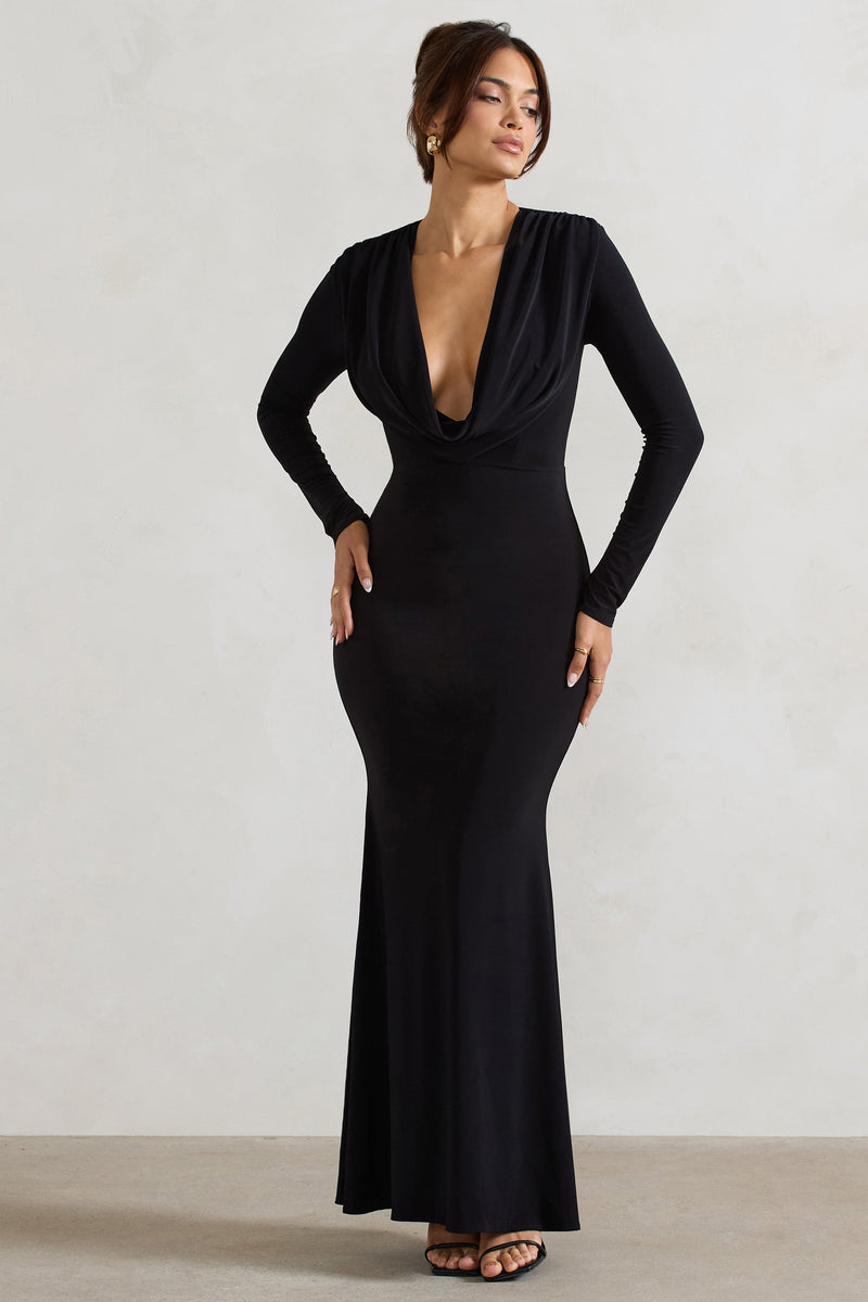 Heavy Heart Black Cowl-Neck Long-Sleeve Maxi Dress – Club L