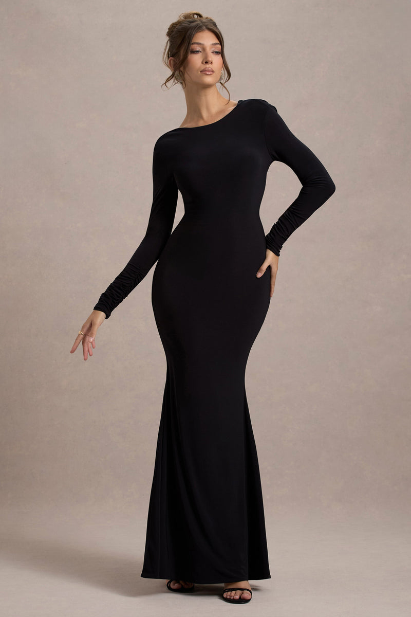 Rosalee Black Long-Sleeve Cowl-Back Maxi Dress With Bows – Club L