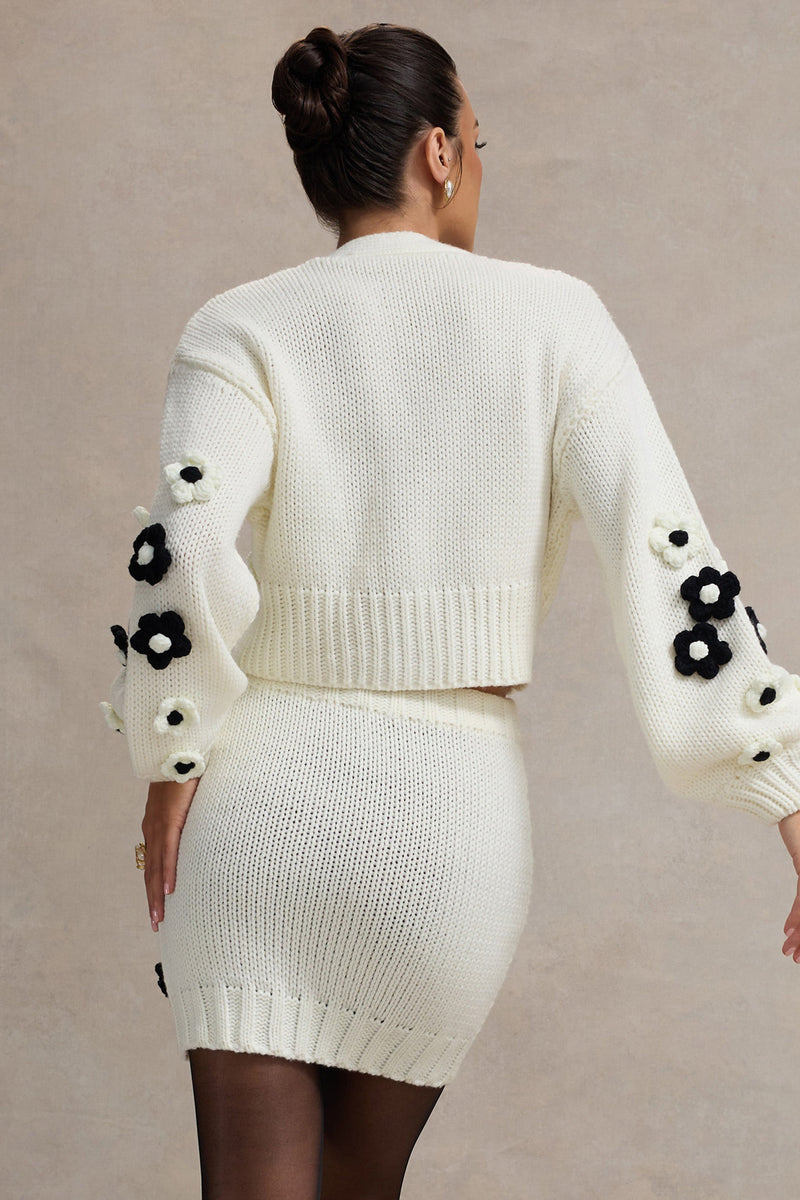 Louvre Cream & Black Knit Cropped Floral Cardigan – Club L