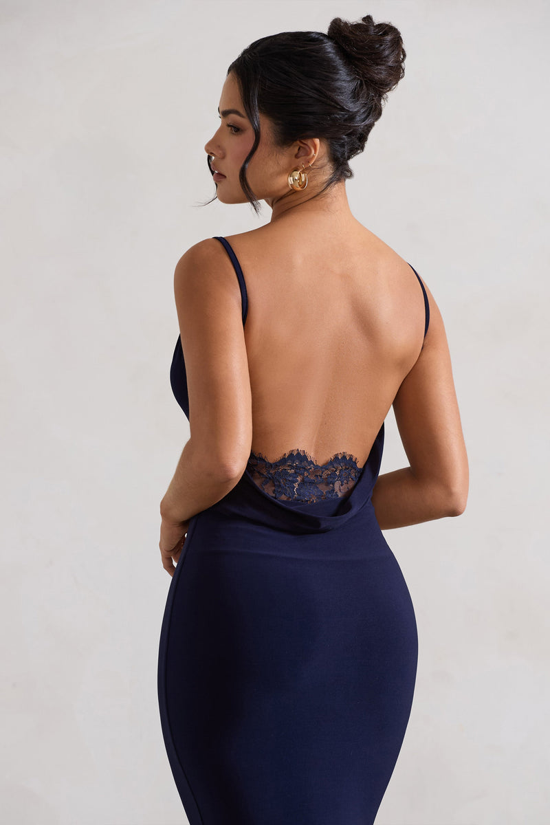Addison Navy Cowl-Neck Open-Back Midi Dress With Lace – Club L