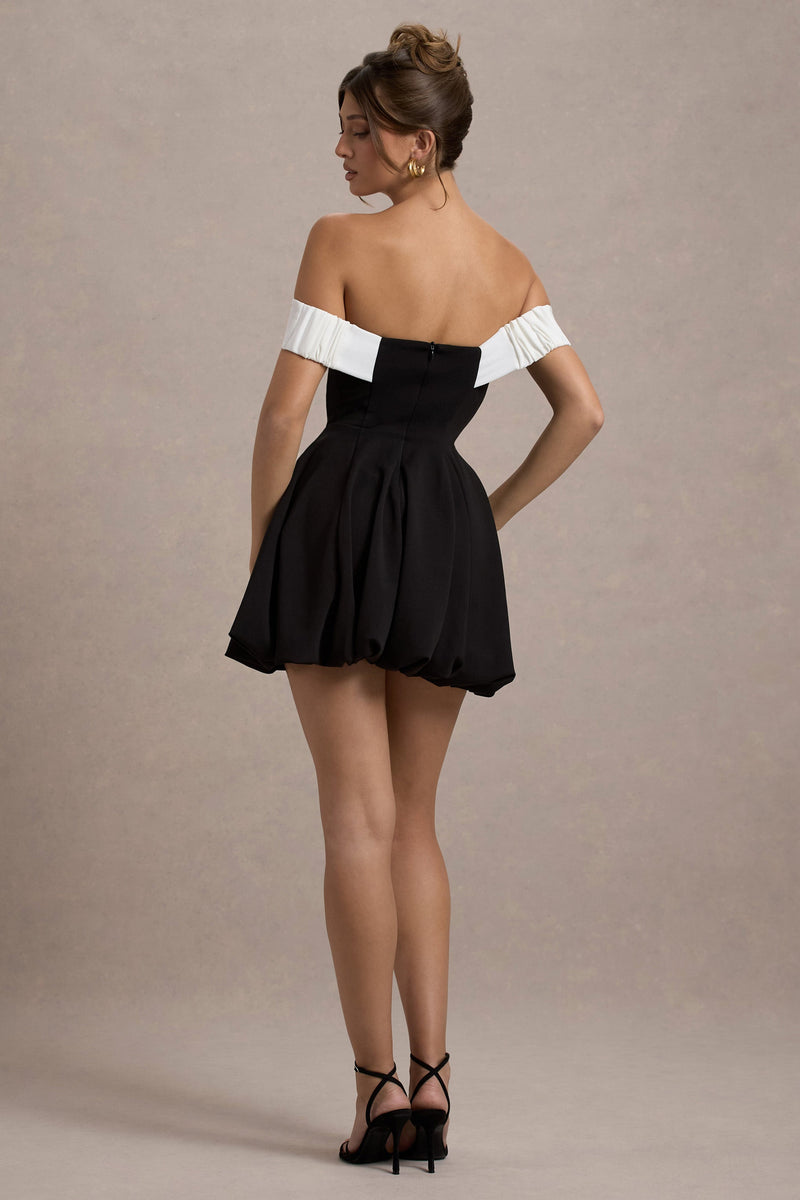 Minimoiselle Black & White Bow Bardot Mini Dress With Puff-Ball Skir