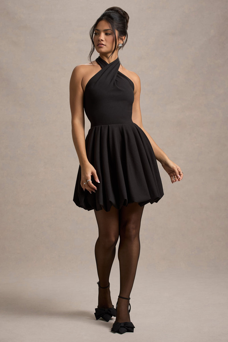 Klytie | Black Halter-Neck Mini Dress With Puff-Ball Skirt Klytie | Black Halter-Neck Mini Dress With Puff-Ball Skirt