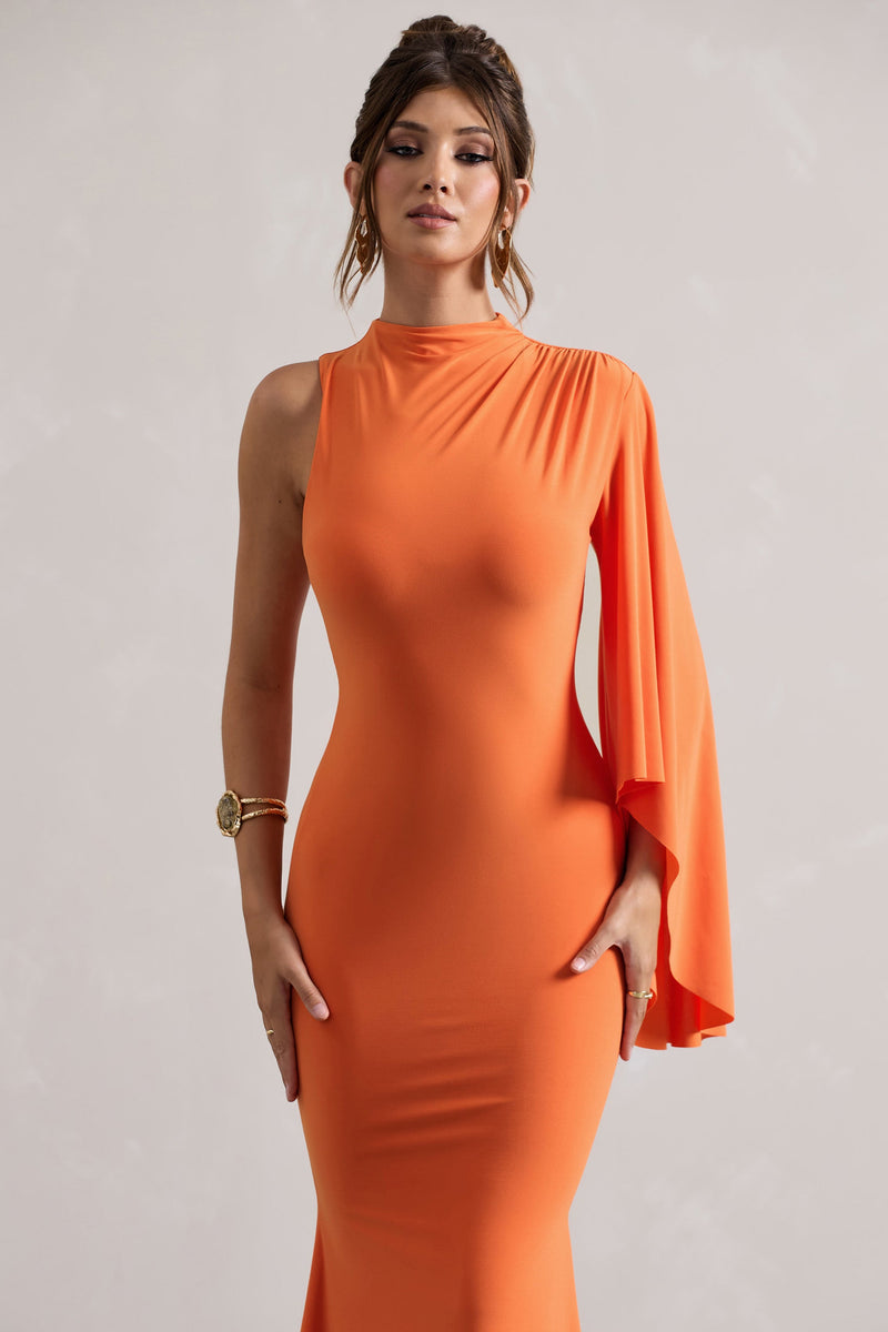 Samaya Orange High-Neck Cape-Sleeve Maxi Dress – Club L