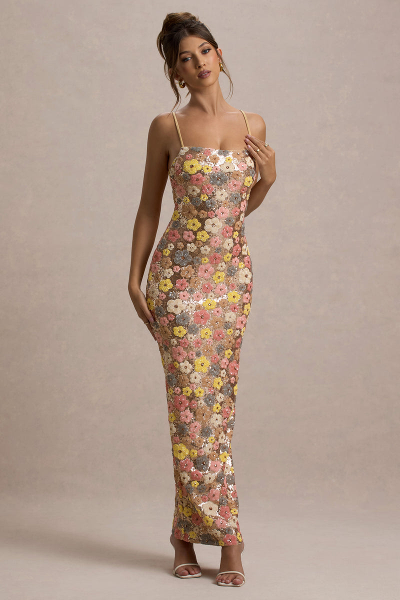 Vitora | Pastel Floral Print Embellished Sequin Square-Neck Maxi Dress - UK 14 MULTI Floral Print Vitora | Pastel Floral Print Embellished Sequin Square-Neck Maxi Dress - UK 14 MULTI Floral Print
