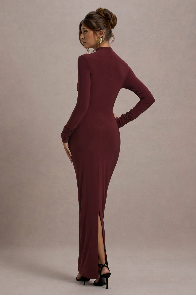 Hespera Port High-Neck Long-Sleeve Gathered Maxi Dress – Club L London