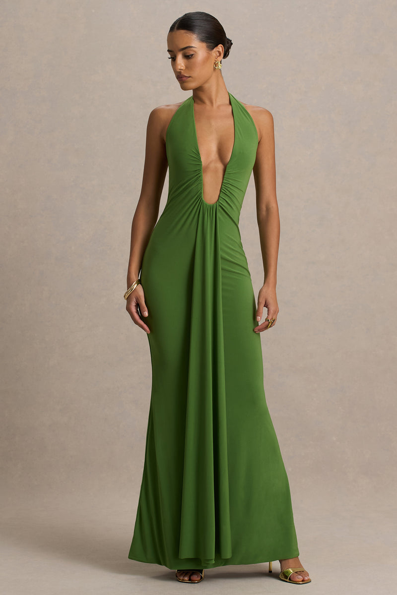 Hera Green Extreme Plunge Maxi Dress With Ruched Detail Club L London - USA Hera Green Extreme Plunge Maxi Dress With Ruched Detail Club L London - USA