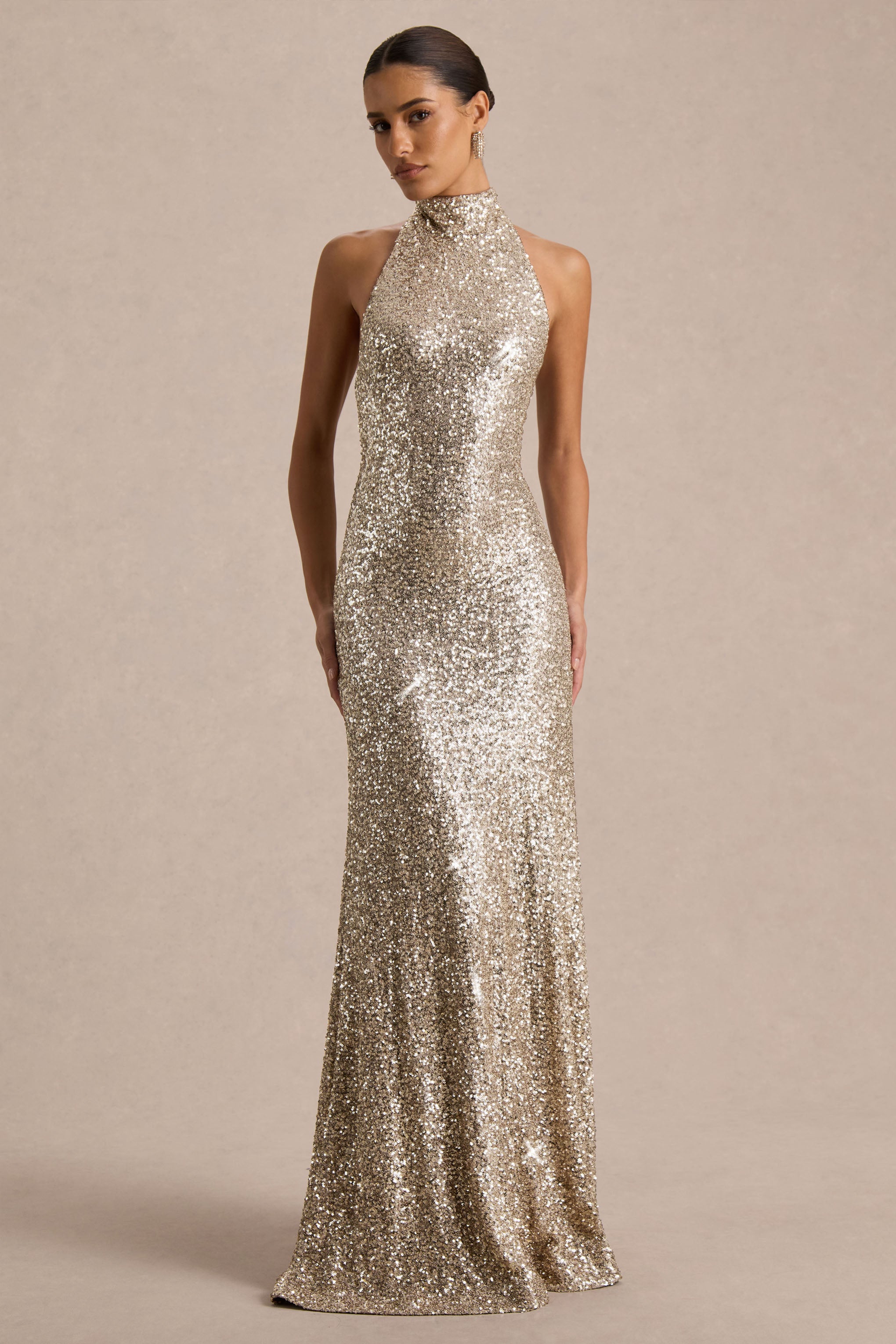 gold high neck prom dress Tulia | Sequin High-Neck Maxi Size:6 MTHS fitted corset bodice that NAADAM Organic Cotton Button fabric:Weightless