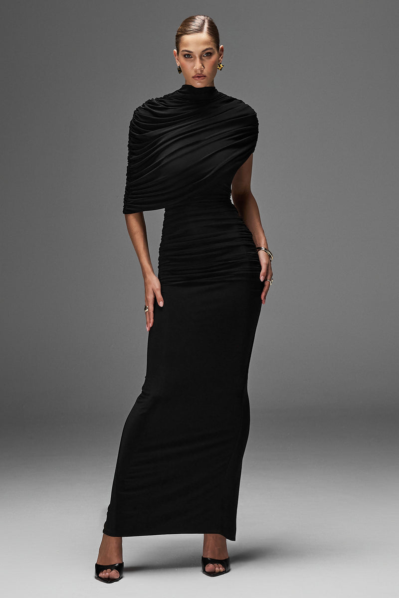 Glitz Black High-Neck Maxi Dress With Cape Sleeve and Ruched Detail