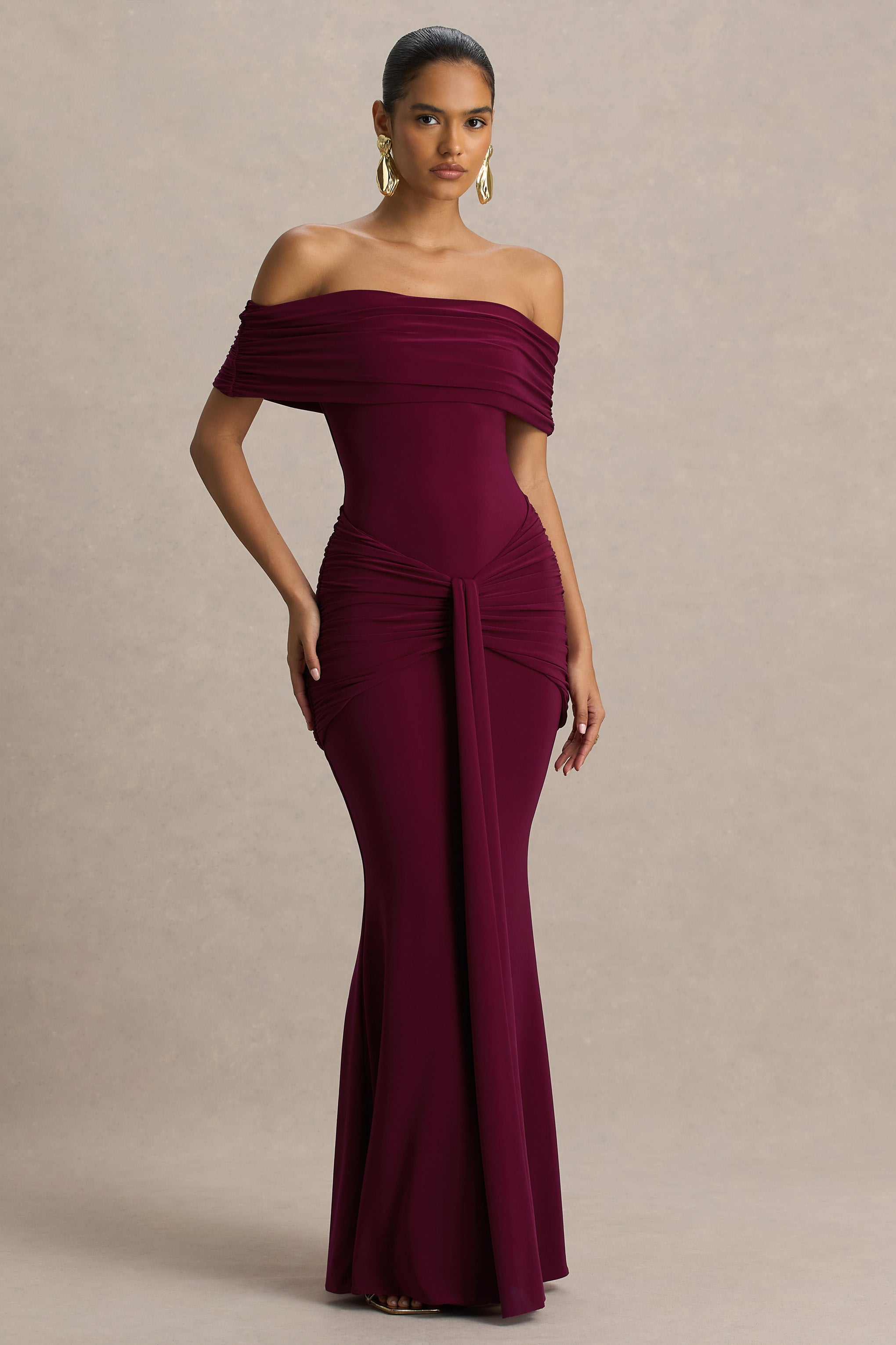 light burgundy dress Envisioned | Bardot-Neck Maxi With Gathered And Drape Detail 60% Cotton / 40% Size:40 Regular Jacket+34 Waist Adjust 30to36)Height: 5'7