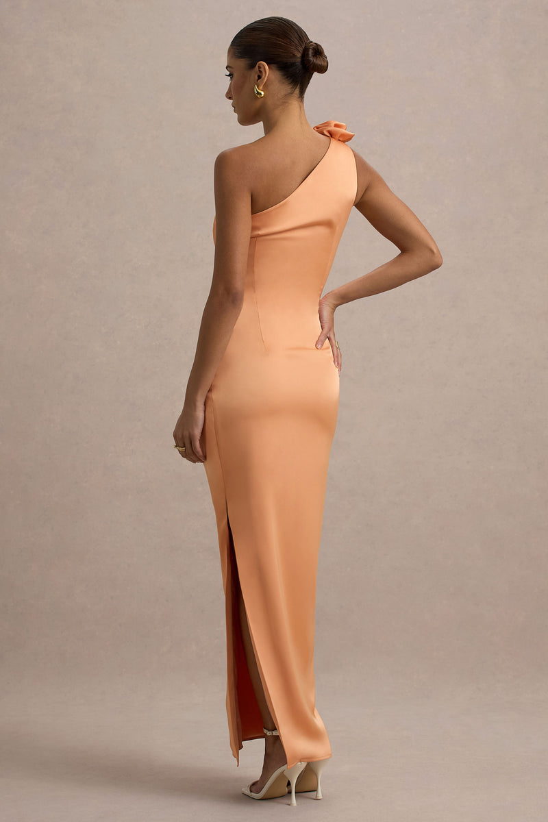 Janette Peach Satin One-Shoulder Split Maxi Dress With Corsage – Club L London Janette Peach Satin One-Shoulder Split Maxi Dress With Corsage – Club L London