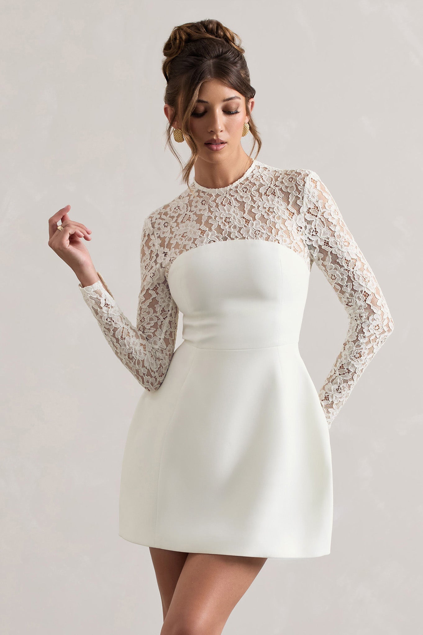 white lace mini dress with sleeves Shona Joy - Iridescent Long Sleeve Lining 1 Cream Keyhole Cut Out Floral