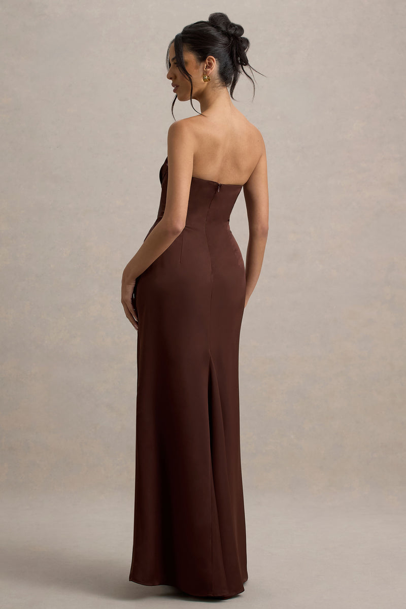 Mackenzie Brown Satin Plunge-Neck Draped Maxi Dress Club L London - USA Mackenzie Brown Satin Plunge-Neck Draped Maxi Dress Club L London - USA