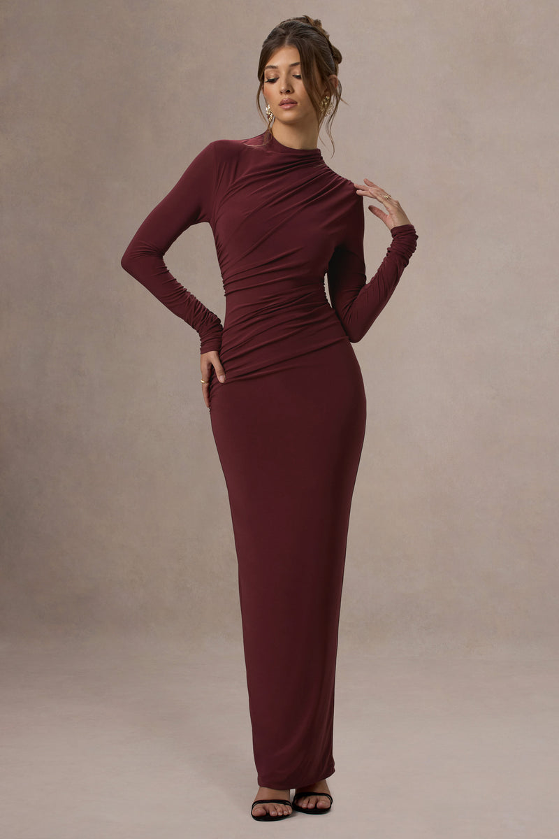 Hespera Port High-Neck Long-Sleeve Gathered Maxi Dress – Club L