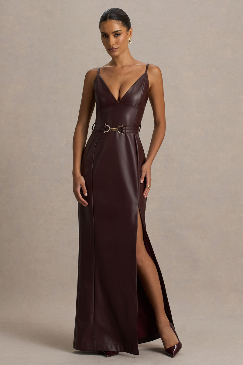 Lila | Burgundy Faux Leather Plunge-Neck Maxi Dress With Split Lila | Burgundy Faux Leather Plunge-Neck Maxi Dress With Split