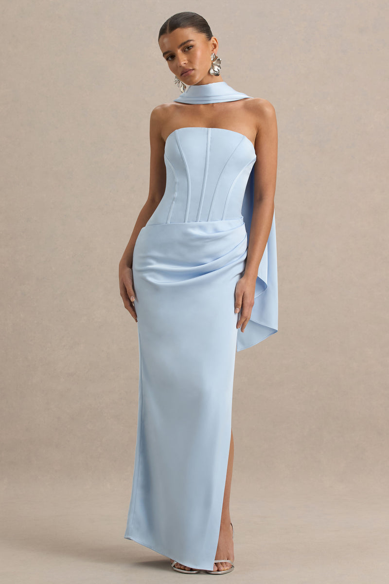 Corset Dress Powder Blue Formal Dress Joseline Powder Blue Satin Corset  Wrap Maxi Dress With Scarf
