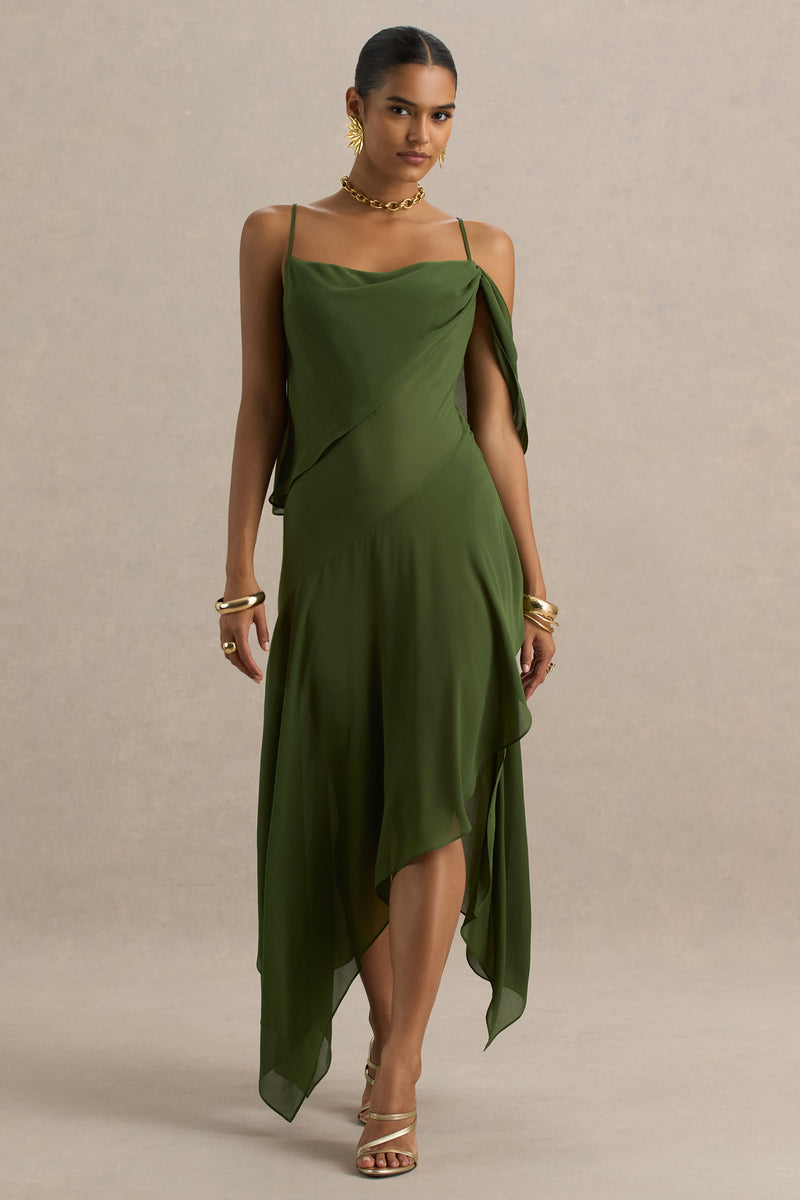 Tiara Green Asymmetric Midi Dress With Draping Detailing and Open-Ba – Club  L London
