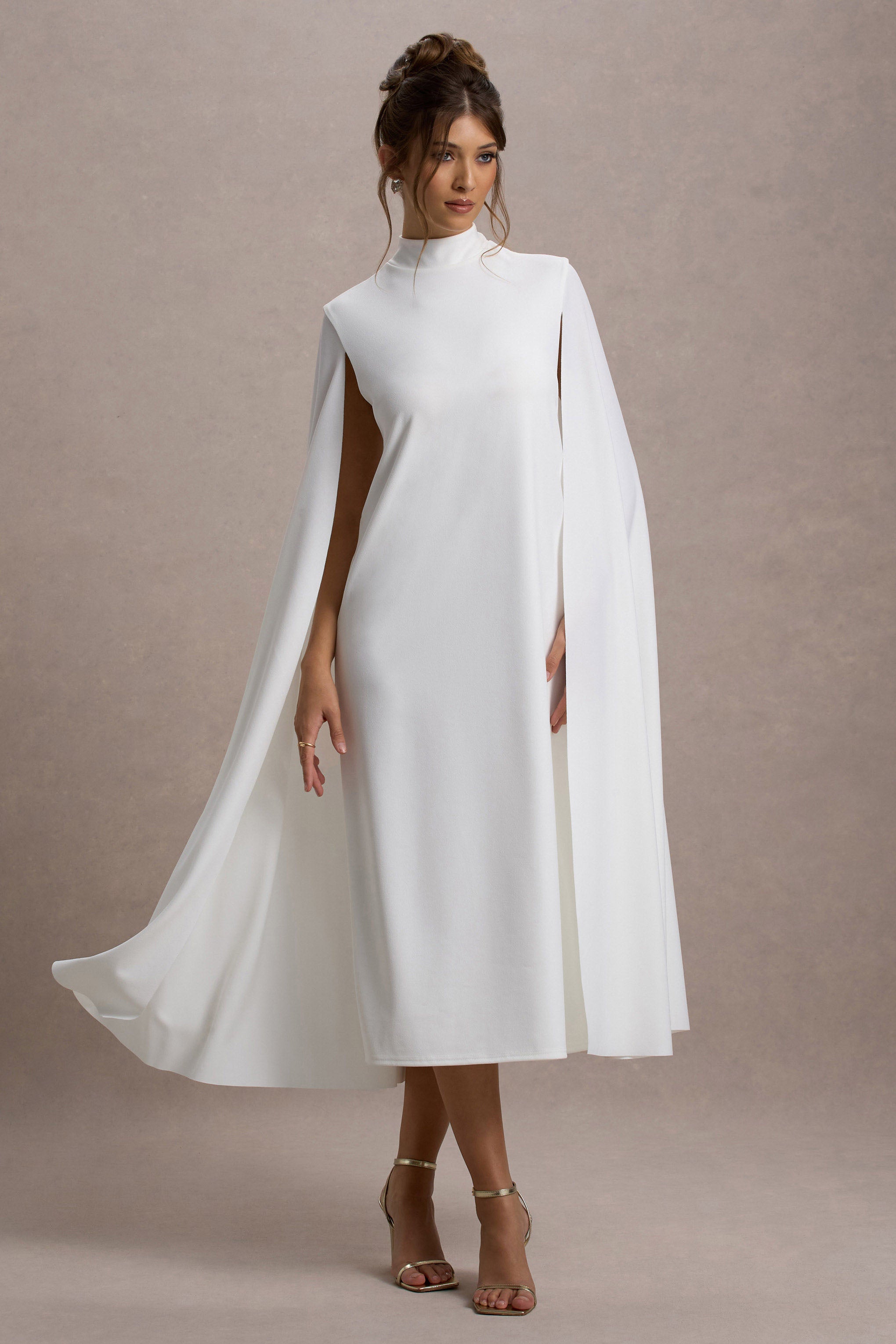 white cape dress Belinda – Jenny Yoo The flowing cape design and tailored fit make it perfect for making a statement at any formal event Shona Joy - Lucent Cape