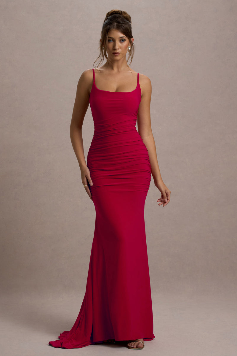 strapless open back dress Emma Blood Red Maxi Dress – chaser main image 0