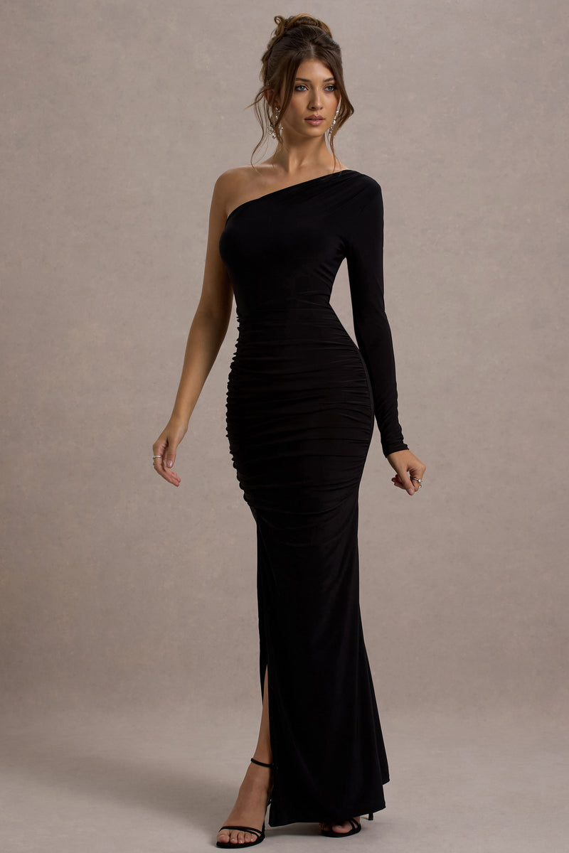 Doll Black Asymmetric One Sleeve Ruched Maxi Dress – Club L London
