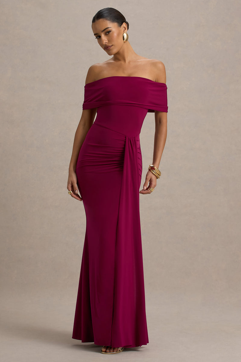Delma Burgundy Bardot Maxi Dress With Drape Detail  Club L London - USA