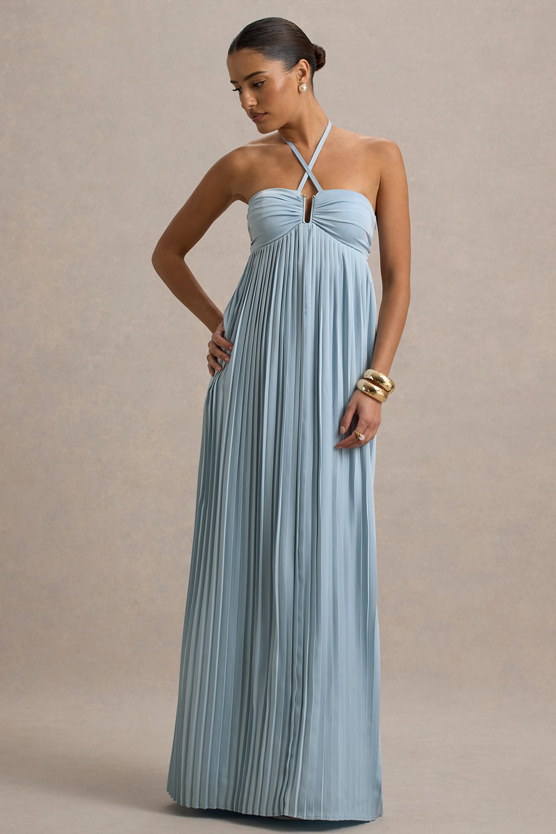 fitted lace wedding dress Elayne Powder Blue Halter-Neck Maxi Dress With Cut-Out Detail – Club L  London