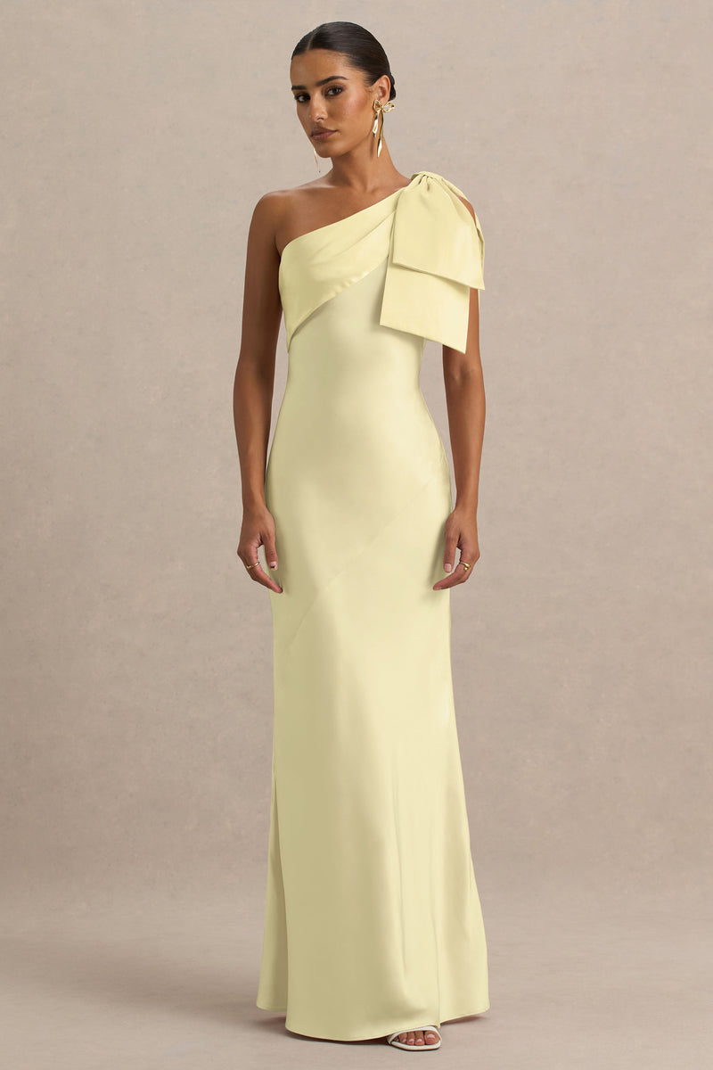 Valerie Lemon Satin Asymmetric-Neck Maxi Dress With Bow Detail – Club L  London