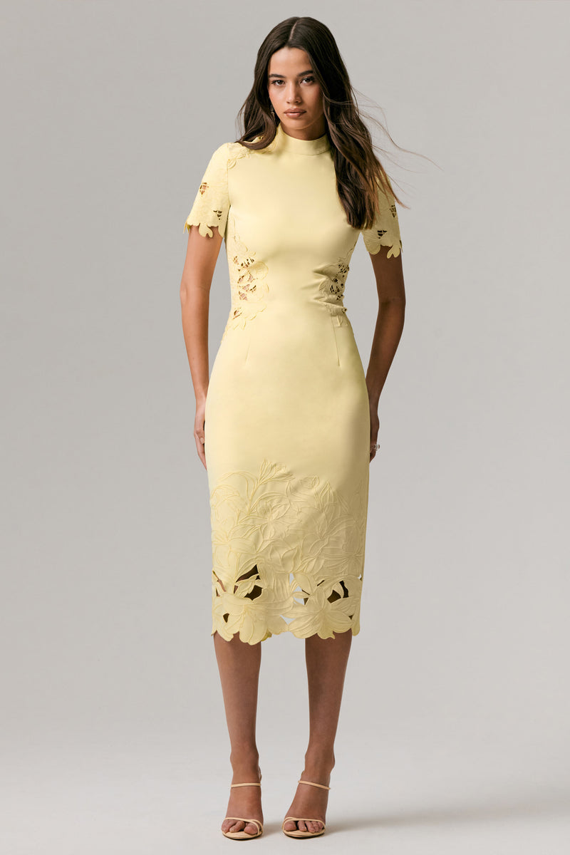 le lis square brand neck cut out crochet midi dress Guest List | Lemon High-Neck Midi Dress With Cut-Out Crochet Detailing