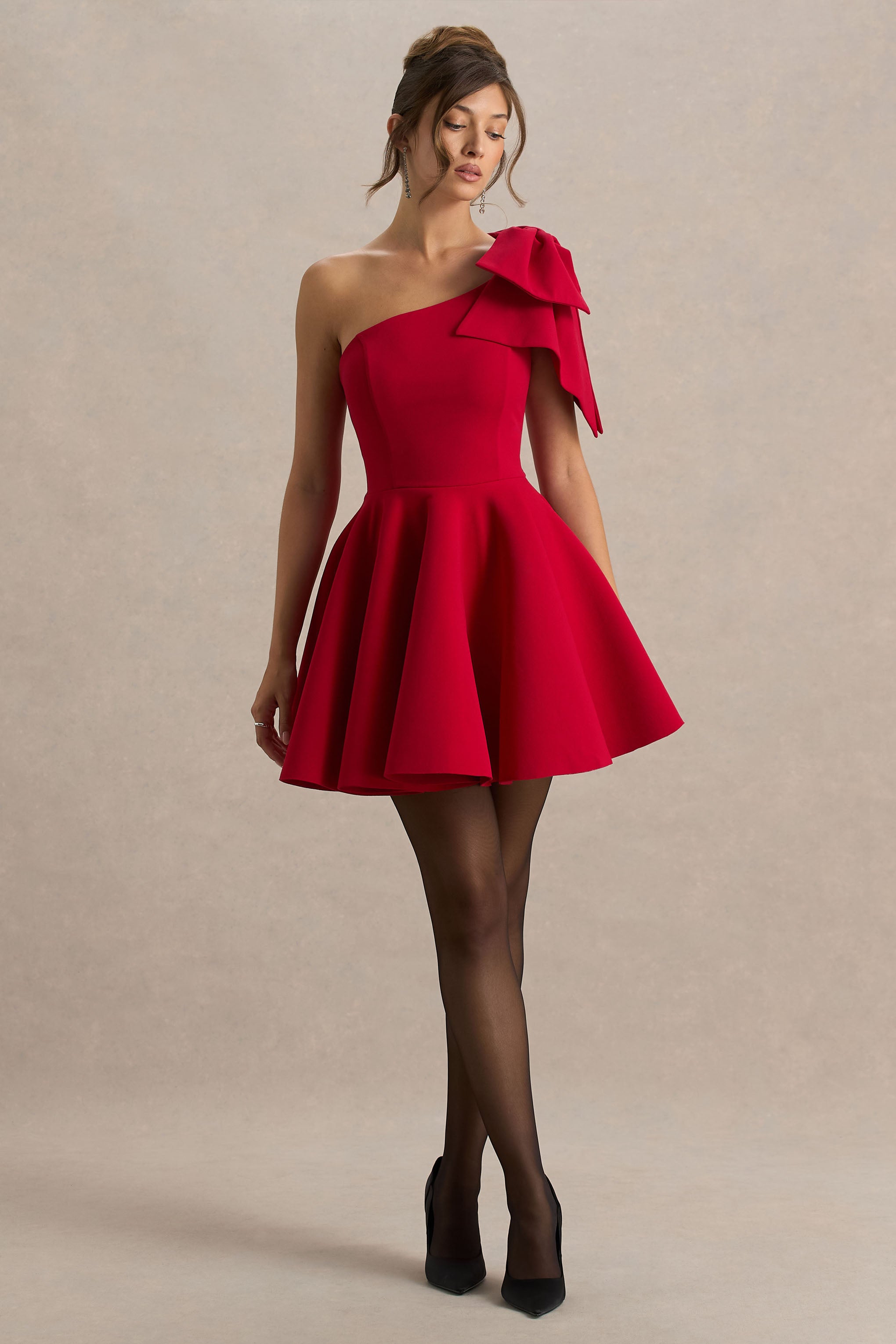 Prosperity | RED Asymmetric-Neck Mini Dress With Bow Detail