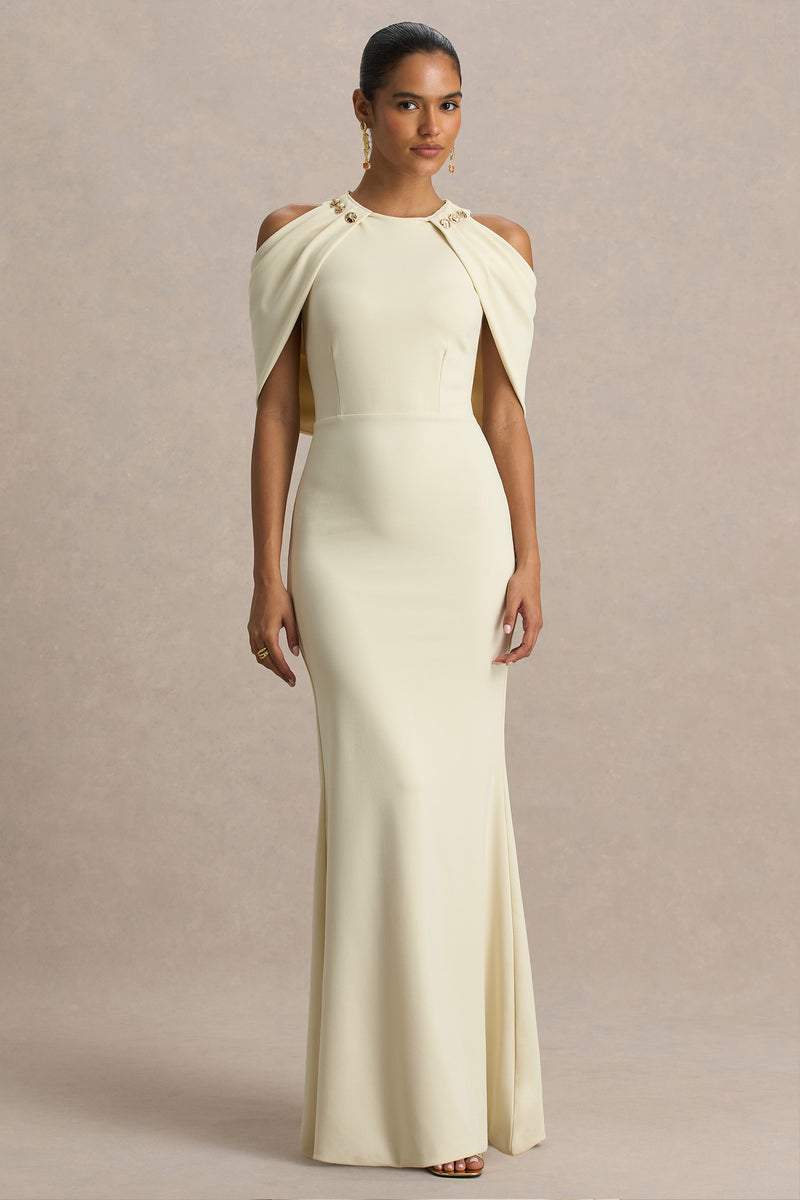 Yulia Sand High-Neck Maxi Dress With Cape Sleeves – Club L London