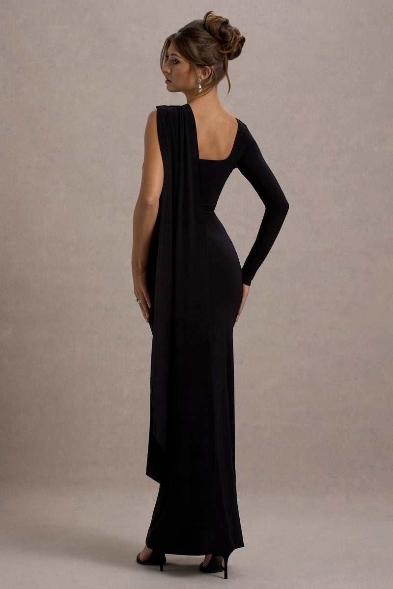 Ashini Black One-Sleeve Maxi Dress With Cape – Club L London - USA
