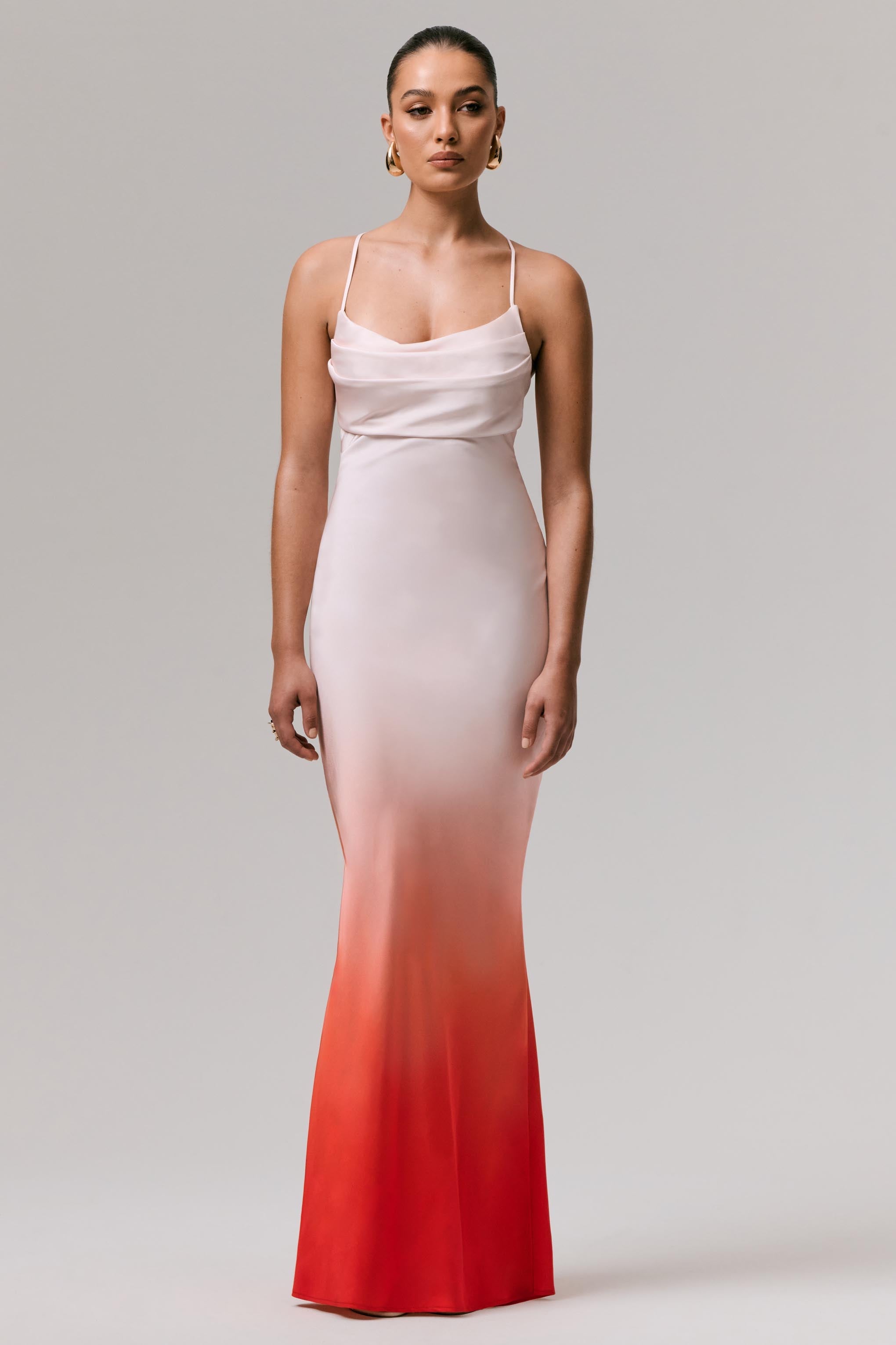 modern romance satin cowl neck knee length dress in red Lucie | Ombre Cowl-Neck Maxi short red satin dress