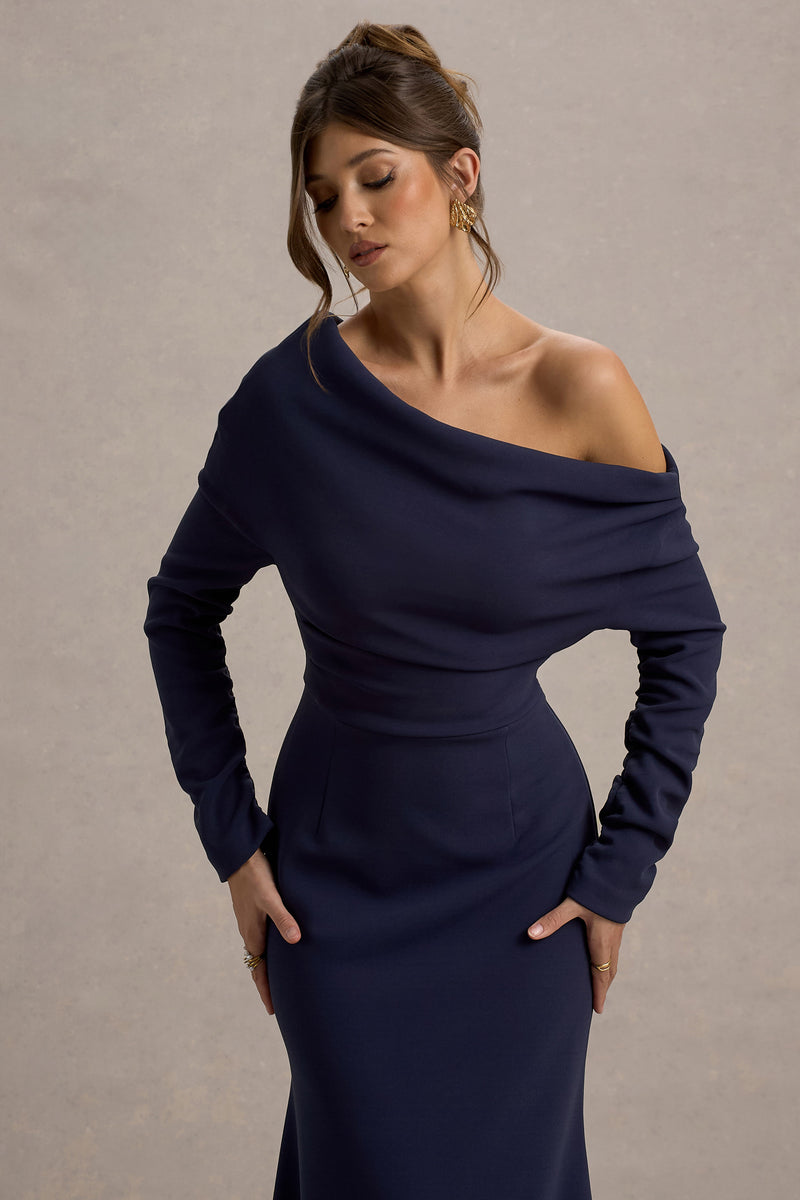 Navy Blue Asymmetric Maxi Dress in Faux Suede with Belt and V Neckline main image 1