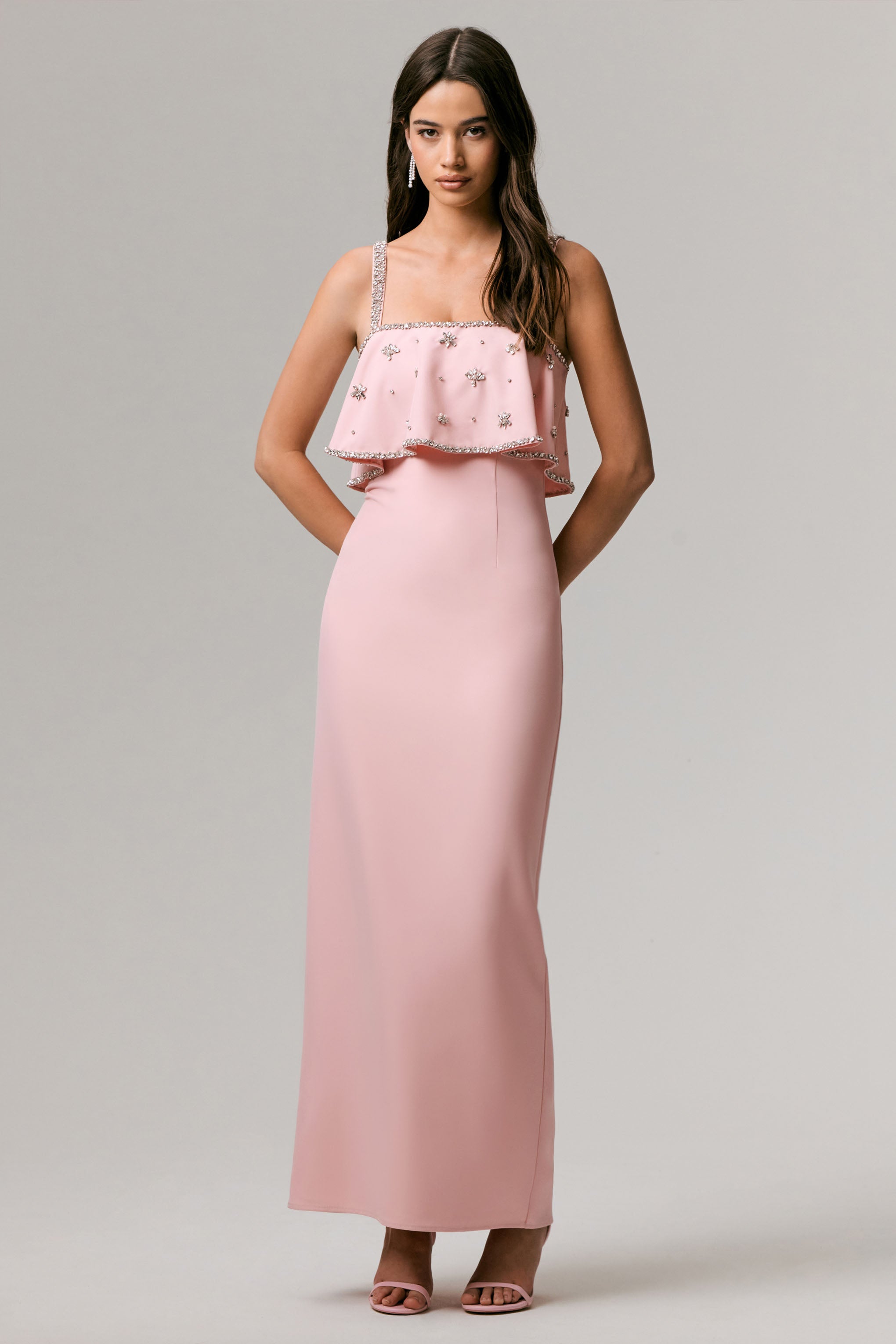 Scarlet | Pale PINK Square-Neck Embellished Maxi Dress