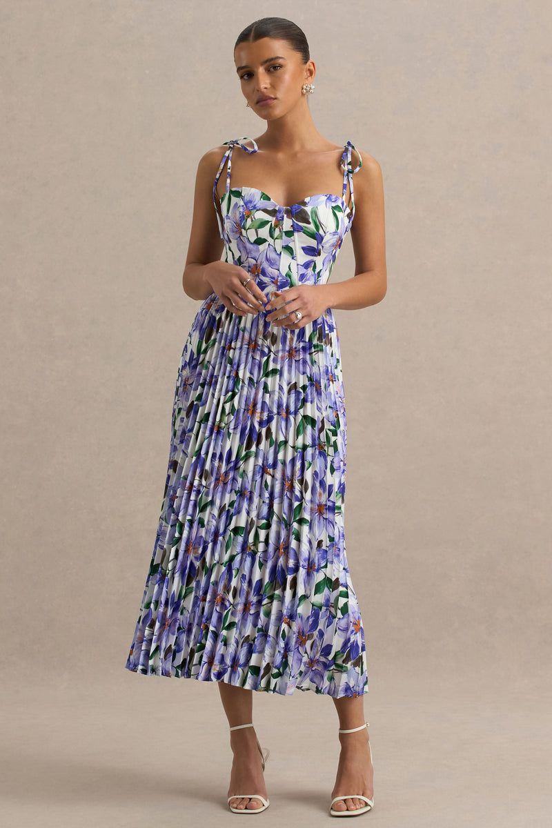 Peyton Purple Lily Print Satin Sweetheart-Neck Midi Dress With Pleat – Club  L London