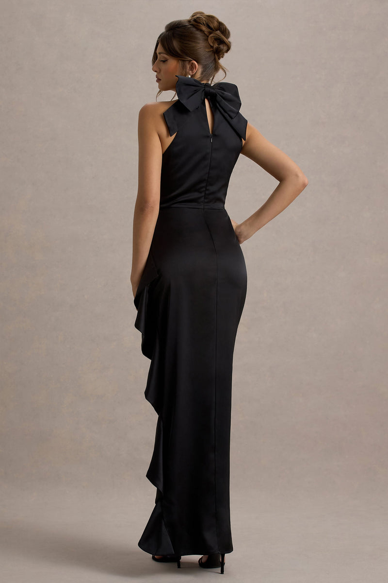 Maureen Black Satin High-Neck Draped Maxi Dress – Club L