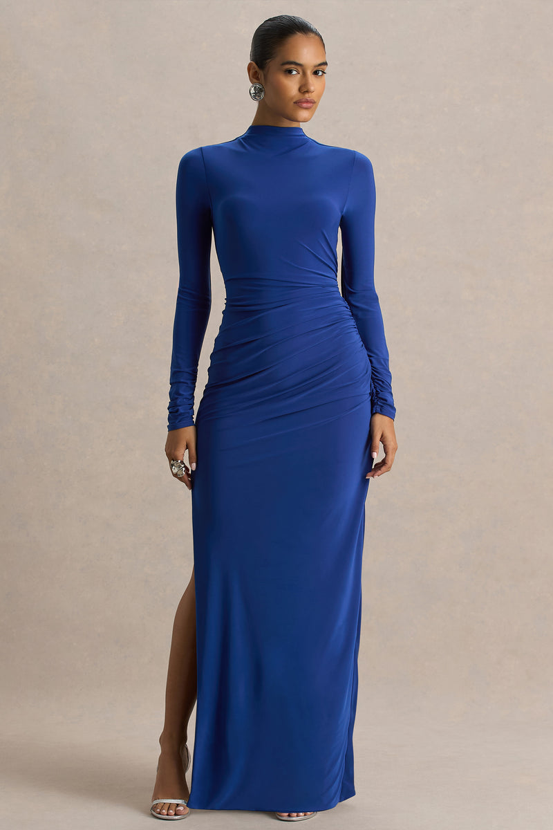 Alluring Blue High Neck Maxi Dress With Ruched Detailing – Club L