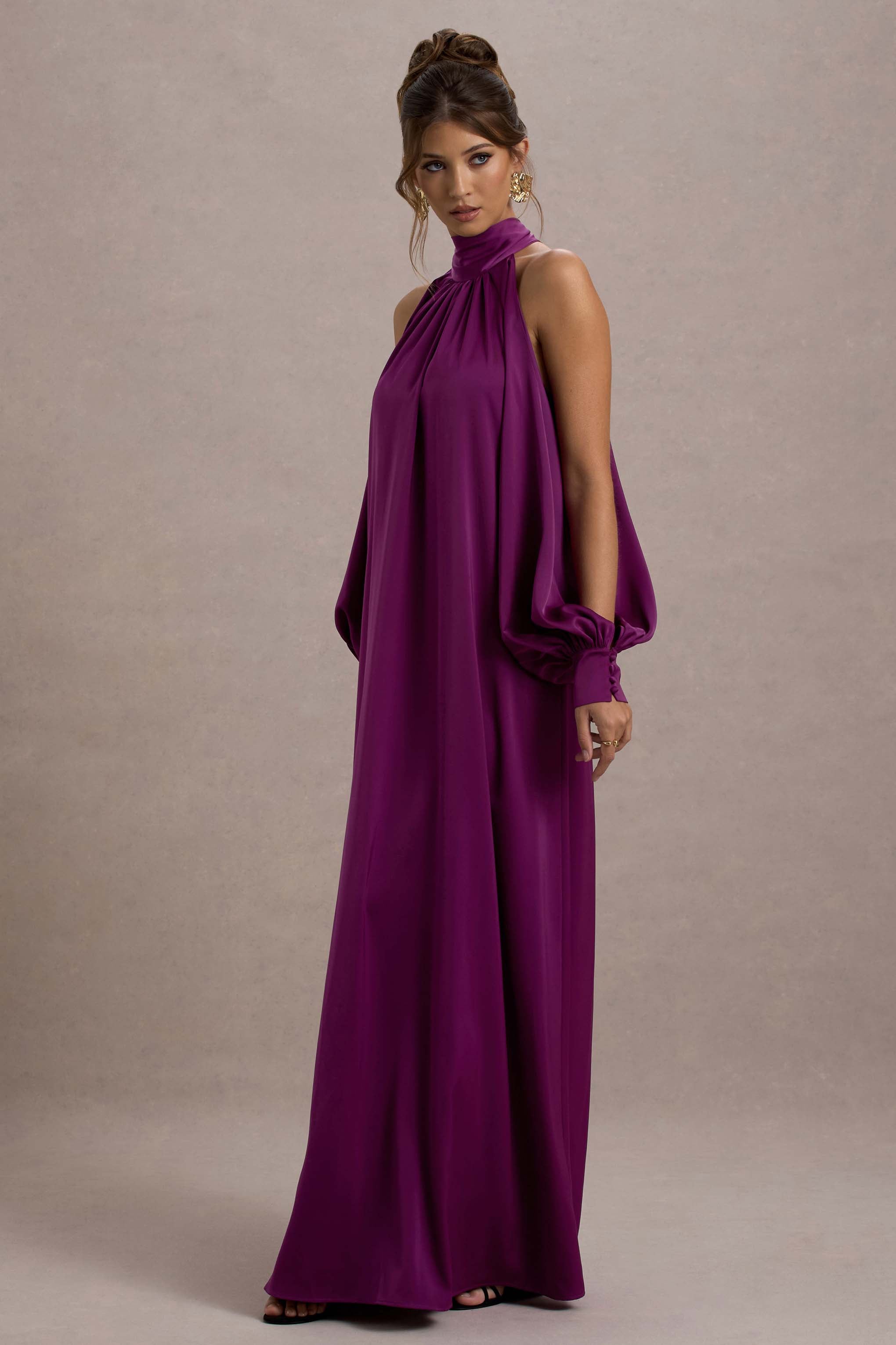 Baila | Mulberry Satin High-Neck Cape-Sleeve Maxi Dress – Club L